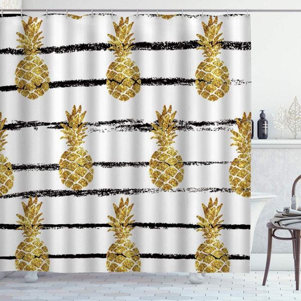 

183 shower curtain set with 12 hooks,chevron gold pineapple tropical fruit with black striped geometry background modern stylish