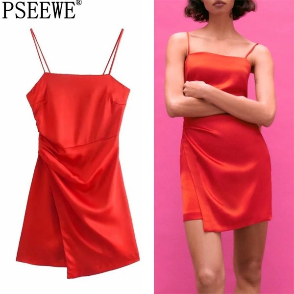 Kleid Frau Rot Satin Mini Sommer Frauen Backless Slip Sexy Party es Damen Geraffte Strap Kurze es 210519