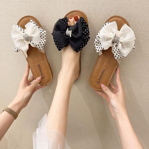 

shoes woman's slippers slides low fashion butterfly-knot 2021 summer flat luxury rubber pu microfiber basic, Black