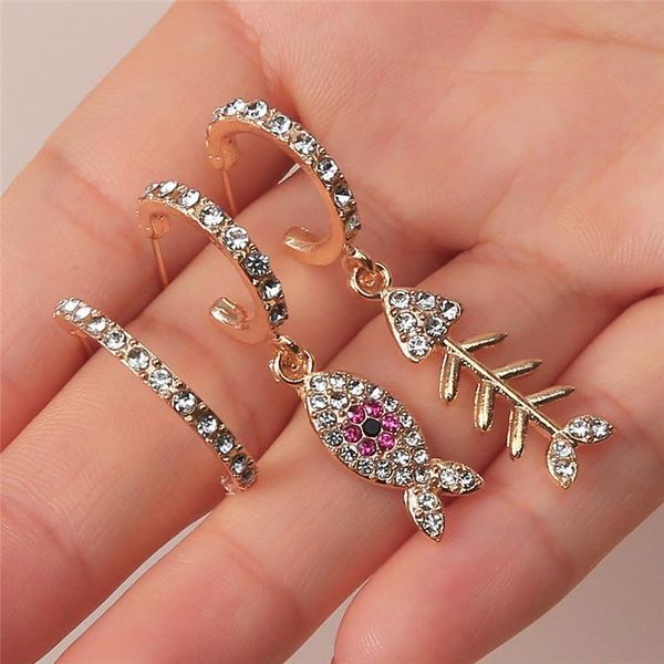 

stud 3pcs/set boho fish bone colorful rhinestone earring for women girl metal animal ear cuff pendientes party jewelry, Golden;silver