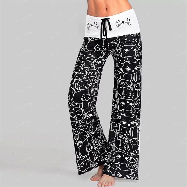 

30h casual fashion cat prints womens legging drawstring pants loose oversized leggins wide leg, Black