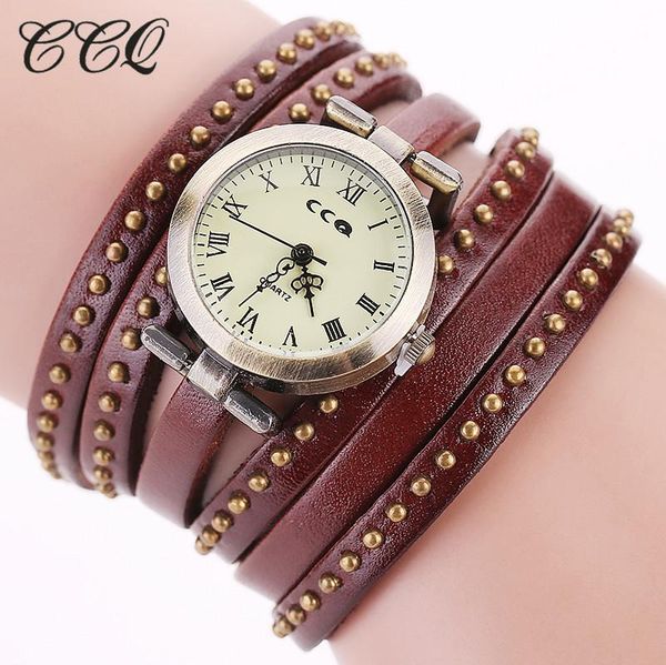 

fashion women vintage genuine leather strap rivet watches casual ladies quartz watch ccq clock dropp wristwatches, Slivery;brown