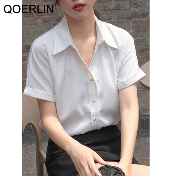 

chic ol formal white shirts women elegant short sleeve turn-down collar fashion vintage satin summer blouse office 210601