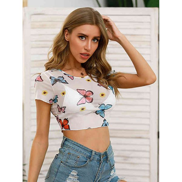 

polo short harvest mesh butterfly print female o-neck little daisy shoulder cardigan sleeve wrapped breast shirt, White