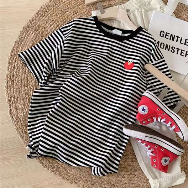 

women's t-shirt short summer wear 2021 korean ins tide embroidery cartoon stripe loose large size half sleeve upper garment nggu, White