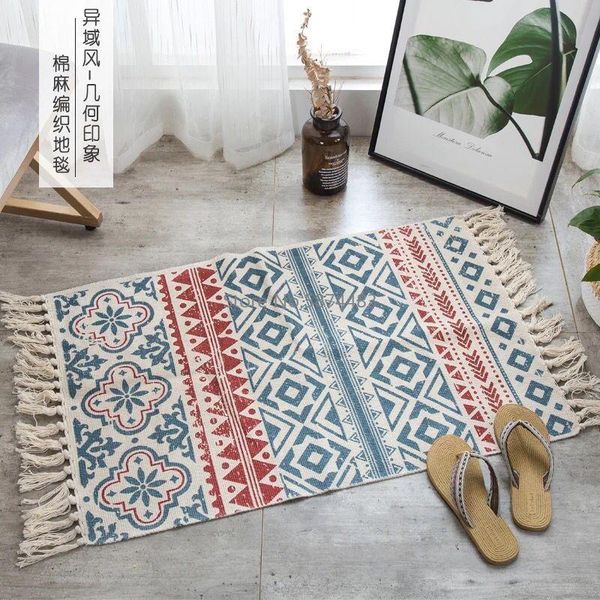 

retro bohemian hand tassel woven cotton linen carpet bedside rug geometric floor mat long bedspread tapestry home decoration carpets