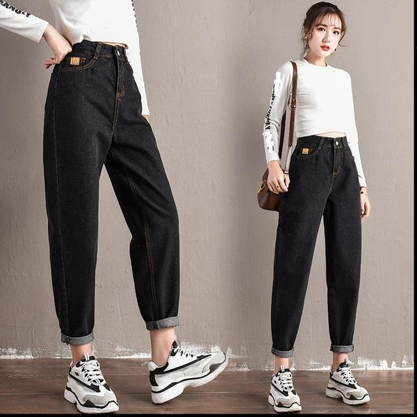 

black high waist loose denim womens jeans harem pants wide leg ankle length cargo women mom baggy fall, Blue
