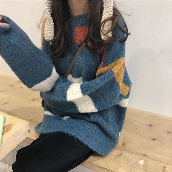 

women's sweaters winter women patchwork pullovers long sleeve fall female fashion all-match o-neck sweet knitwear korean blue stre, White;black