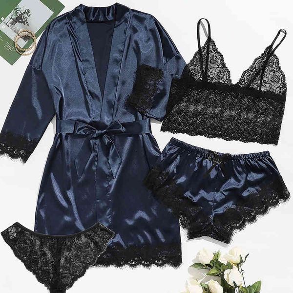 

set fashion designer luxury foshan home clothes nightdress pajamas four piece underwear women's large, Black;white