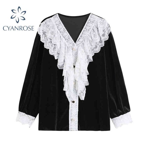 

vintage elegant white lace patchwork neck women's chiffon shirt summer v neck long sleeve korean black blouse female 210417