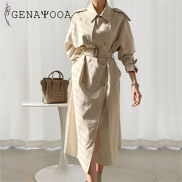 

genayooa office lady women's trench coat with belt double-breasted cotton classic autumn winter cloths women outerwear korean 210417, Tan;black