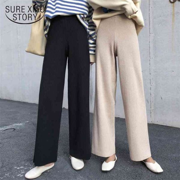 

autumn winter knitted wide leg pants women drawstring loose high waist casual female pantalon elegant 12322 210421, Black;white