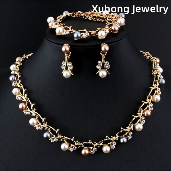 

imitation pearl wedding necklace earring bracelet set earring chain new fashion bridal costume jewelry sets for women elegant party gift, White