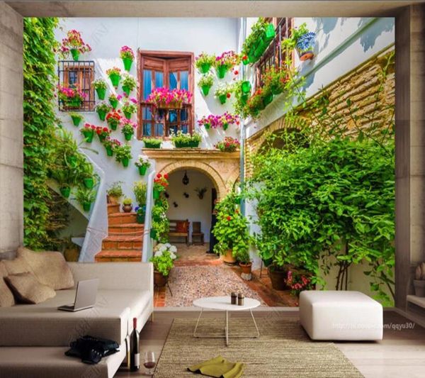 

wallpapers papel de parede spanish architecture courtyard landscape 3d wallpaper mural,living room bedroom wall papers home decor