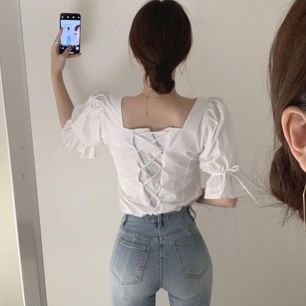 

summer office mujer womens shirts short sleeve v neck ruffle trim tunic drawstring korean chic casual, White