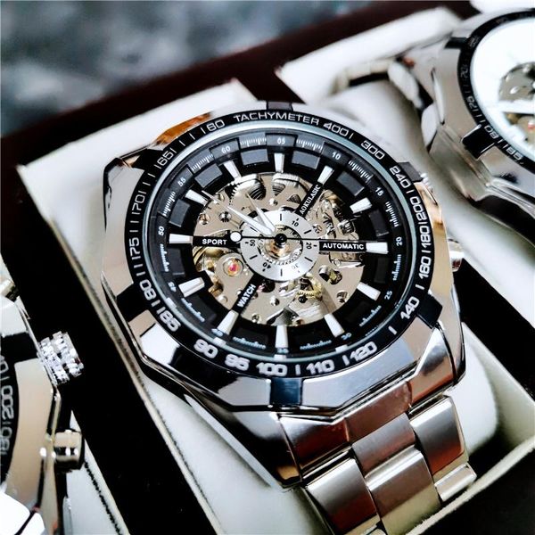 

wristwatches business skeleton automatic mechanical watch men stainless steel bracelet sport watches man luxury male clock chinese wristwatc, Slivery;brown