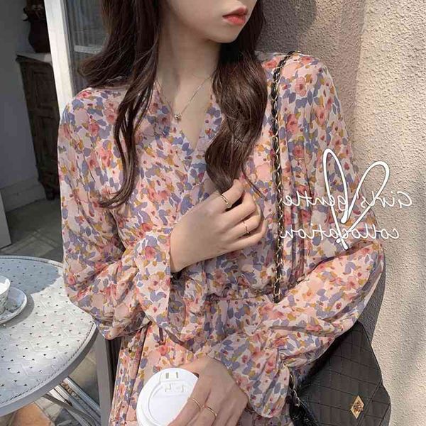 

spring french floral print v-neck ruffles mid calf chiffon dress for women 210615, Black;gray