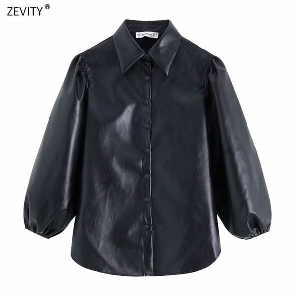 

women vintage pu leather lantern sleeve black blouses shirts chi single breasted casual blusas retro chemise ls4177 210420, White