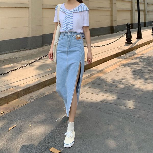 

skirts 2021 summer long denim skirt women street wear high waist blue black slit jean pockets a line for harajuku 43n0