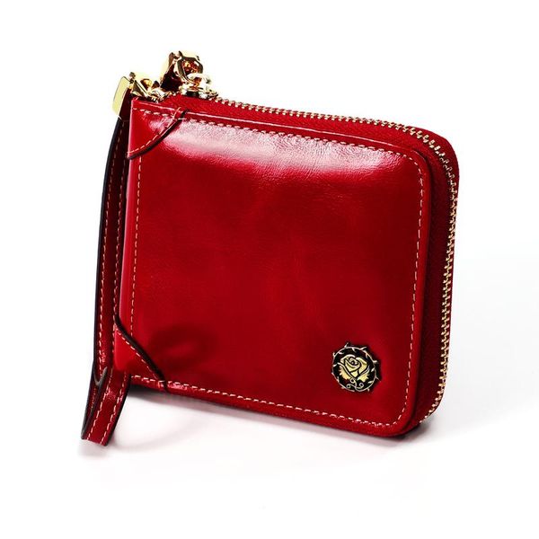 

leather card purse fashion women's id genuine holder coin oil wax rfid zipper small women wallet wallets, Red;black