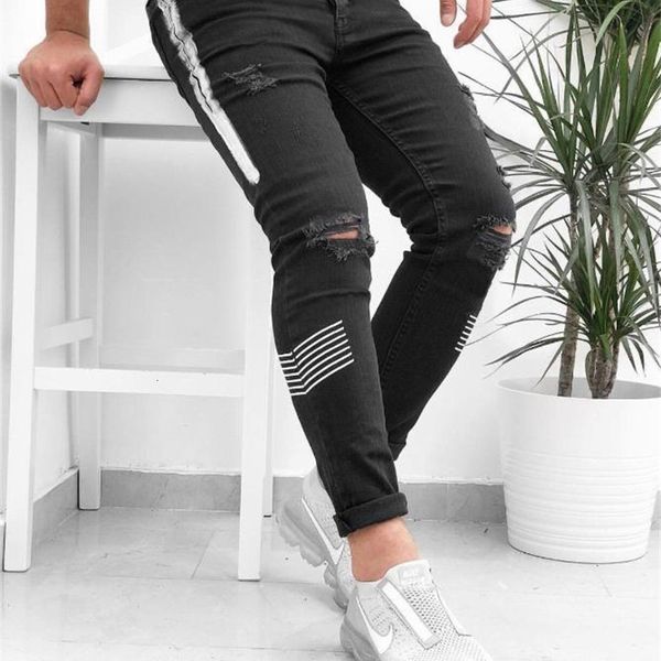 

men's europe america men tear holes skinny printed elasticity jeans black and white with pattern denim1 27la, Blue