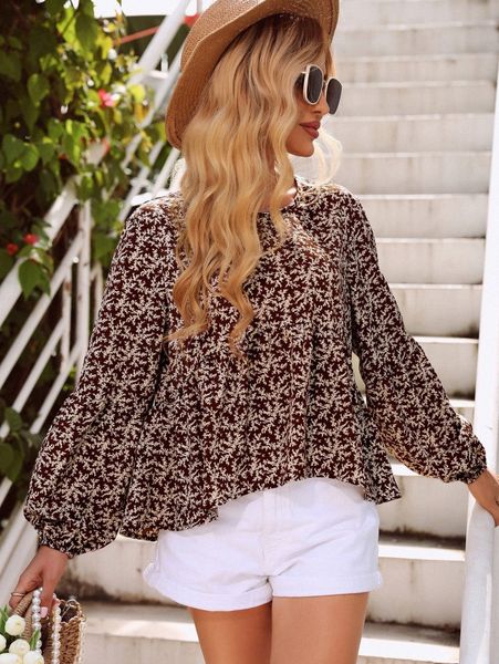 

plant print lantern sleeve peplum blouse v7ke#, White