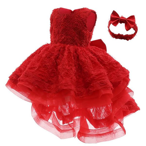 

Girl's Dresses Infantil Dress For Girls 1st Birthday 3D Rose ral Party Wedding Girl Baby Princess Vestido Baptism Costume, Red