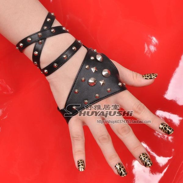 

five fingers gloves womens personality punk pu leather female semi-finger hip-hop fingerless rivet glove, Blue;gray