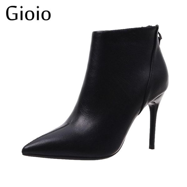 

boots gioio brand fashion women ankle zip pointed toe high heels female party lady work pu leather shoes, Black