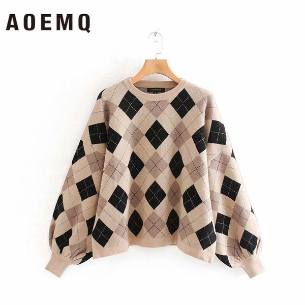 

women's argyle jacquard loose casual knitted pullover round neck female oversized thick warm khaki fashion sweater sweaters, White;black