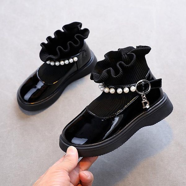 

flat shoes girls' small leather 2021 autumn solid color single fashion pearl lace korean princess toddler girl, Black;grey