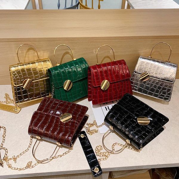 

17cm women laser handbag,golden crocodile crossbody bag,coffee spoon chain bag,red stone pattern small square bag cosmetic bags & cases