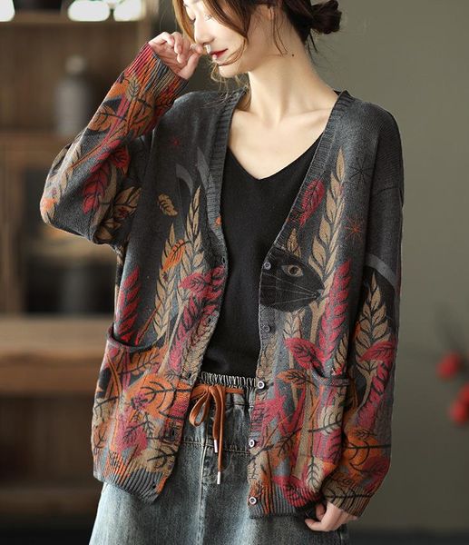 

women's jackets spring autumn knit coats women retro print loose v-neck collar single breasted female fashion sweaters, Black;brown