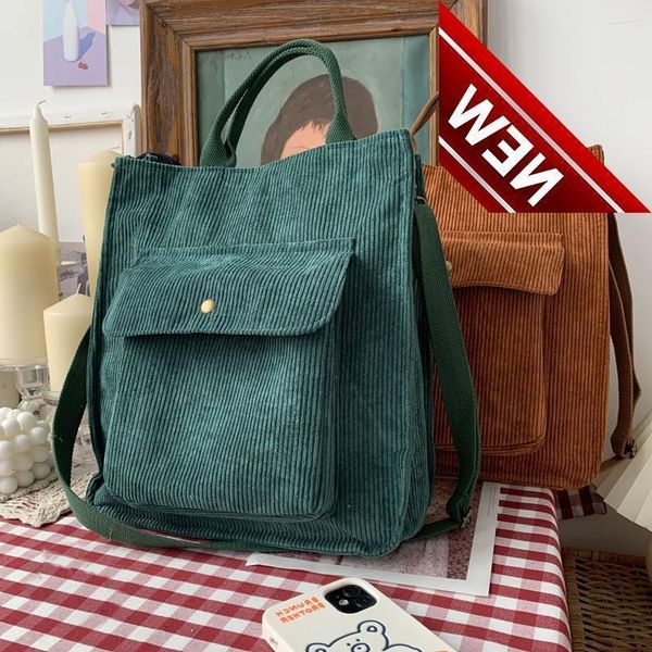 

corduroy shoulder bag women vintage shopping bags zipper girls student bookbag handbags casual tote with outside pocket 2022