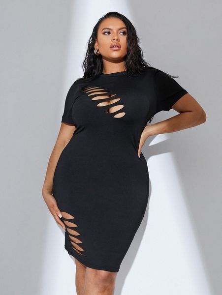 

sxy plus ladder ripped bodycon dress y0i9#, Black