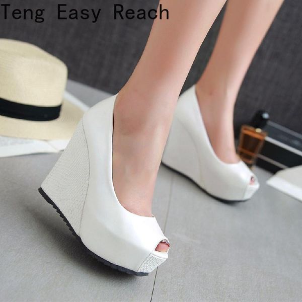 

dress shoes summer wedges high heels party wedding pumps shoe white peep toe women woman large sizes 34-42, Black