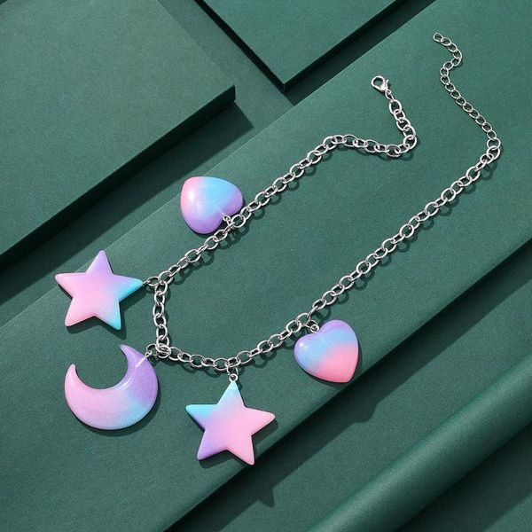 

pendant necklaces meetvii cute gradient star moon resin necklace for women girl diy cartoon flower bear fruit short chain jewelry, Silver