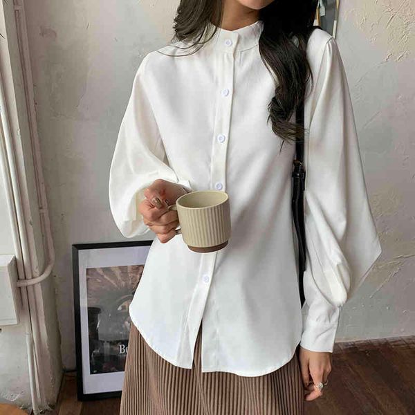 

loose stylish brief lapel students chic oversize large size sweet slim gentle all match office lady shirts 210421, White
