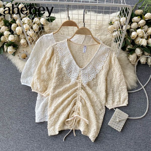 

women elegant solid blouse spring retro v neck puff sleeve lace korean chic ruched streetwear short 210512, White