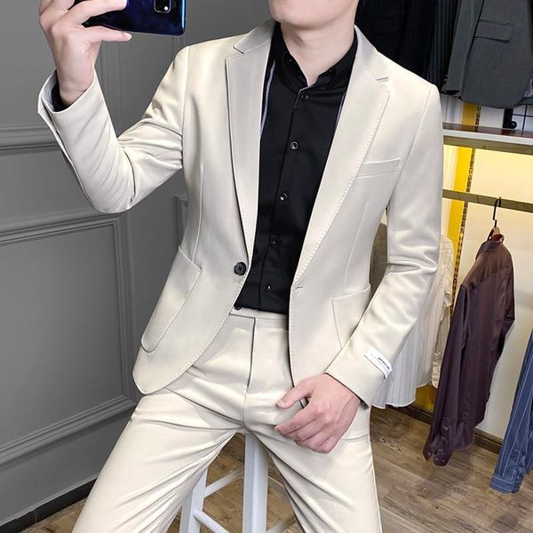 

men's suits & blazers 2021 spring men wedding suit set 2pcs male slim fits for costume business casual formal homme w469, White;black