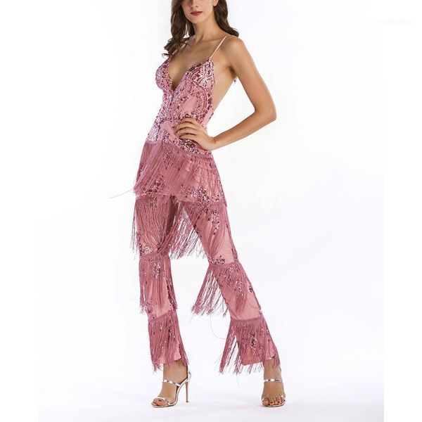 

women's jumpsuits & rompers women summer shiny floral sequined deep v neck backless tassel fringe long pants one piece bodysuits femal, Black;white