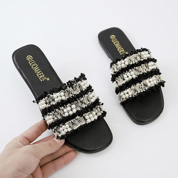

large size 42/43 woman shoes summer knitted fabric sandals brand beaded flat flip flops ladies pantufa beach sandalias, Black