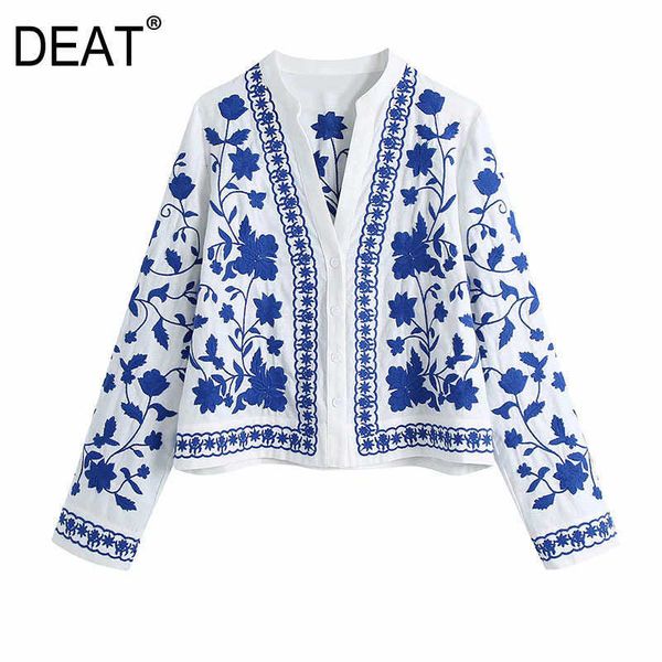 

[deat] women single-breasted printing embroidery long sleeve v-neck elegant shirt spring fashion 13d057 210527, White