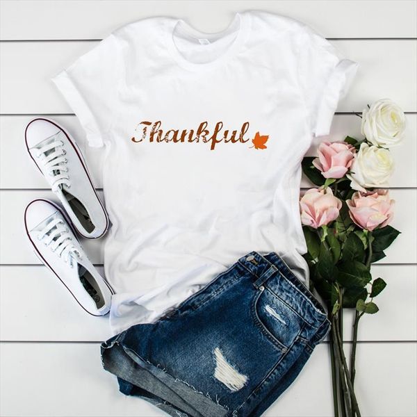 

graphic thankful letter leaf womens cute fall fashion thanksgiving clothes tee female shirt, White
