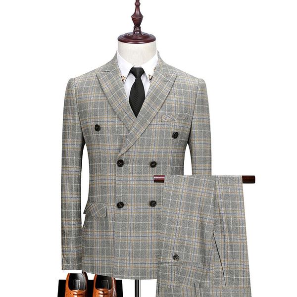 

men's suits & blazers [jacket+vest+pants]luxury fashion double-breasted plaid business casual blue suit 3-piece groom wedding tuxedo, White;black