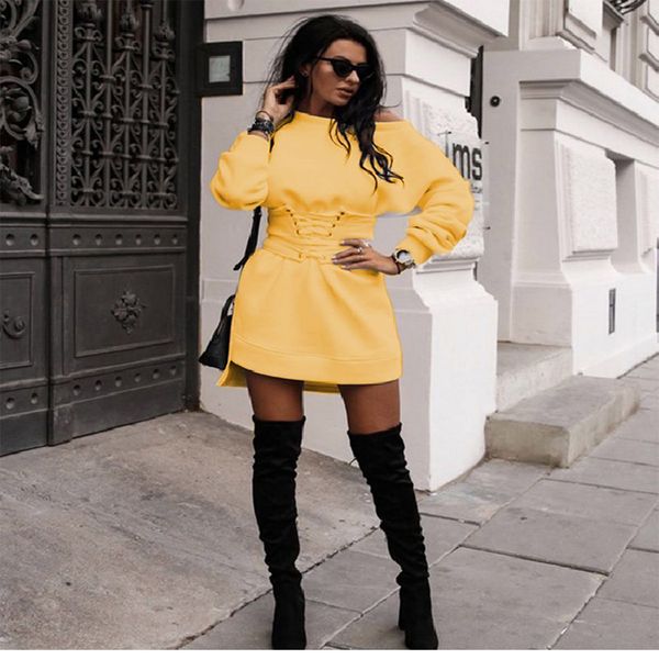 

dress female fashion womens solid o-neck long sleeve fleece thick dress+waistband belt bandage dress winter streetwear vestido, Black;gray