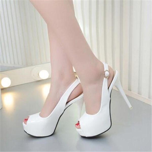 

sandals summer style women's waterproof platform patent leather pumps 12cm high heels thin heeled peep-toe black white j7r1
