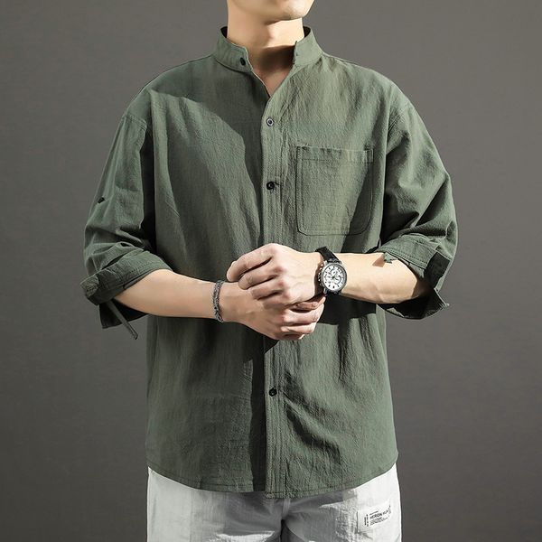 

men's large cotton hemp quarter sleeve shirt casual short fat linen top, White;black