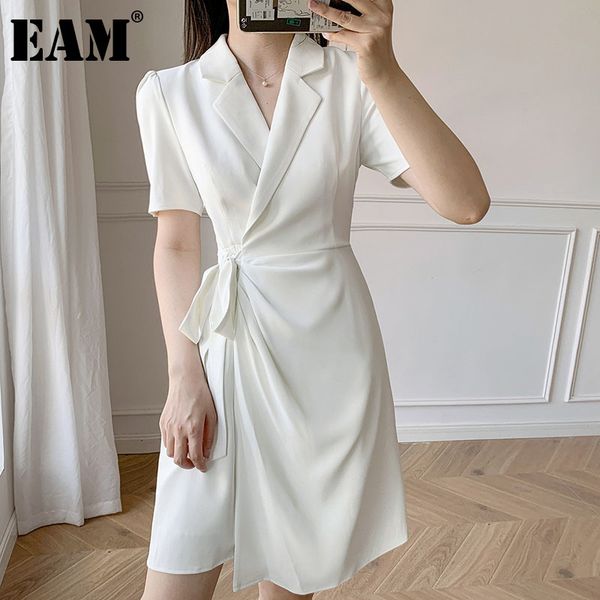 

[eam] women irregular white bandage elegant midi dress notched short sleeve loose fit fashion summer 1dd7614 21512, Black;gray