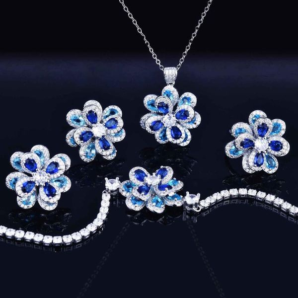 

earrings & necklace fashion colored zircon flower set silver needle simple three-dimensional camellia pendant open ring